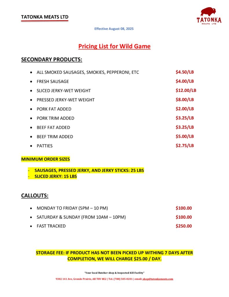 Wild Game secondary products prices