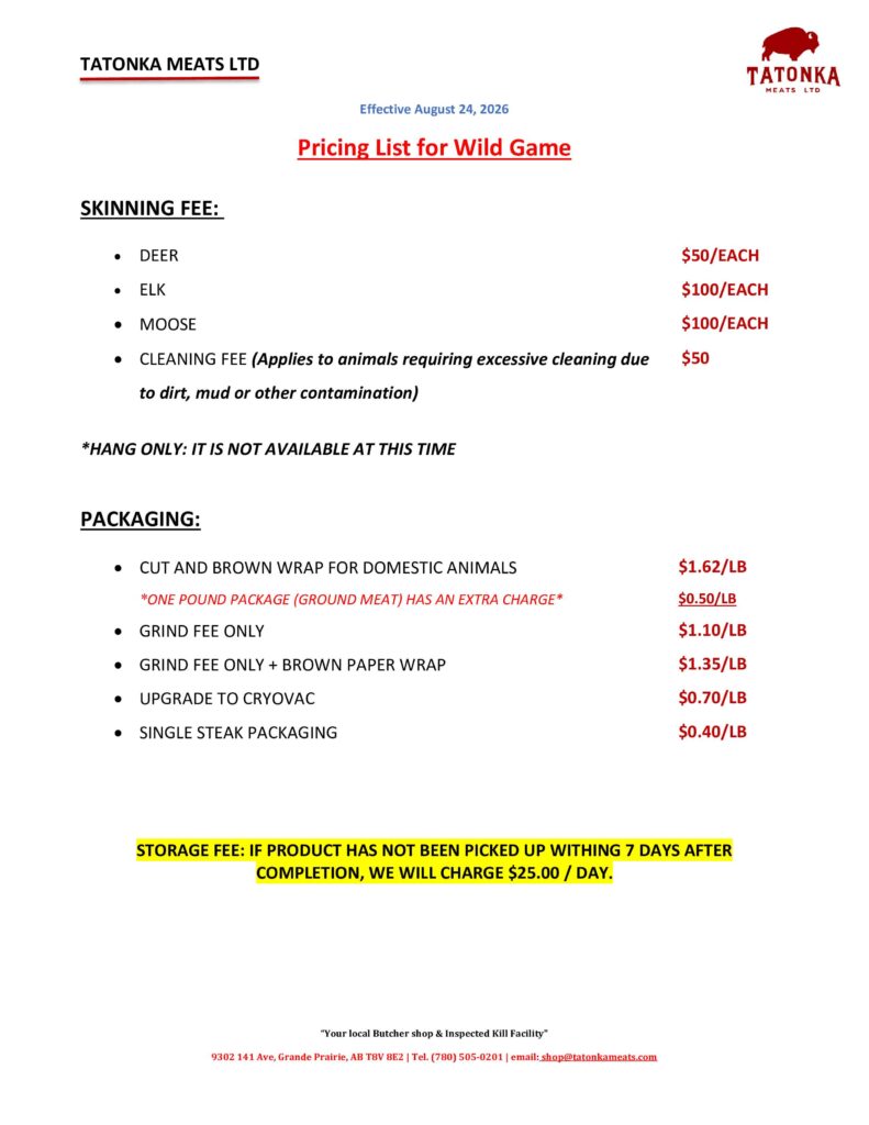 pricing list for wild game version 3.1